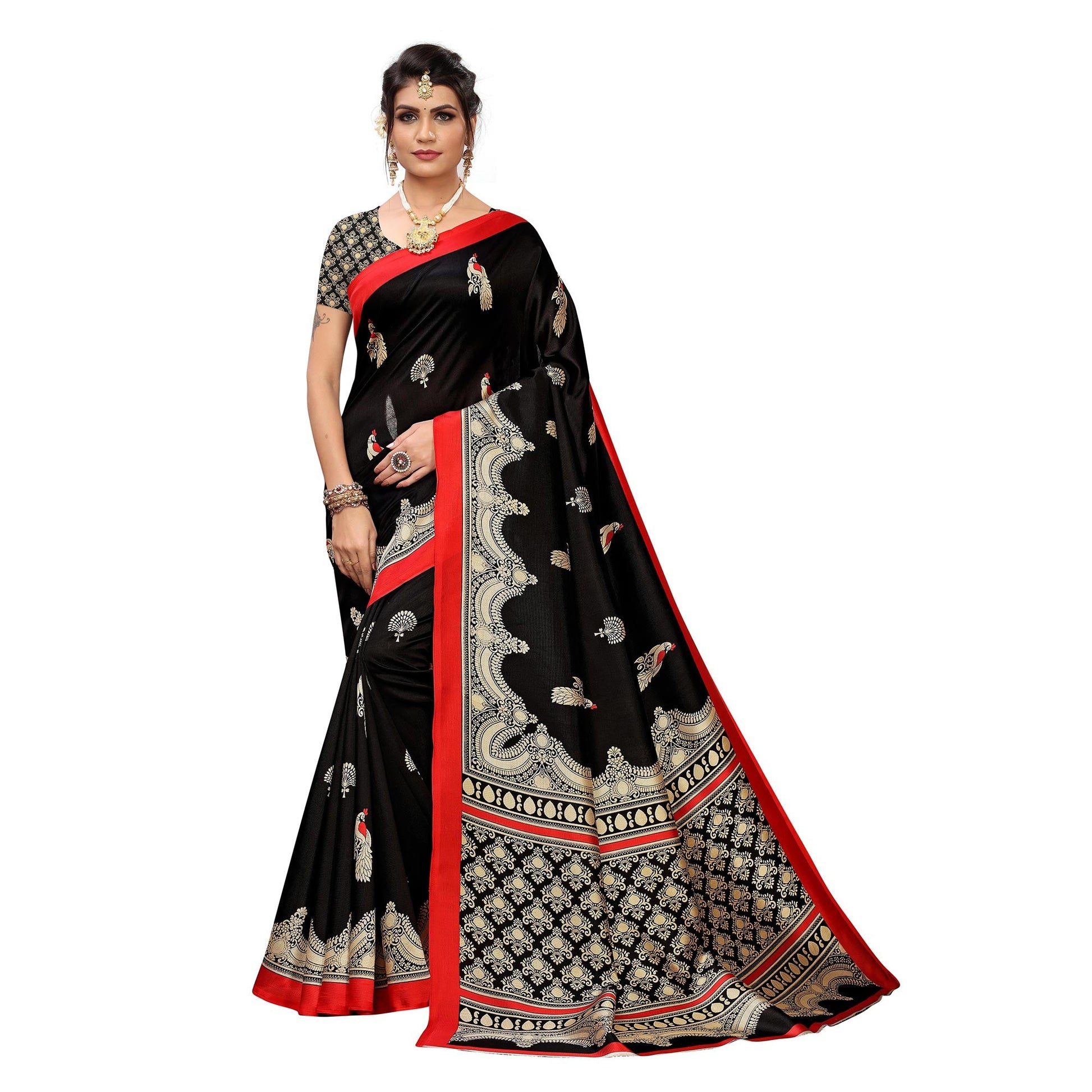 Entrancing Black Colored Festive Wear Printed Art Silk Saree