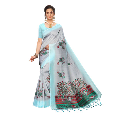 Grey Printed Art Silk Saree