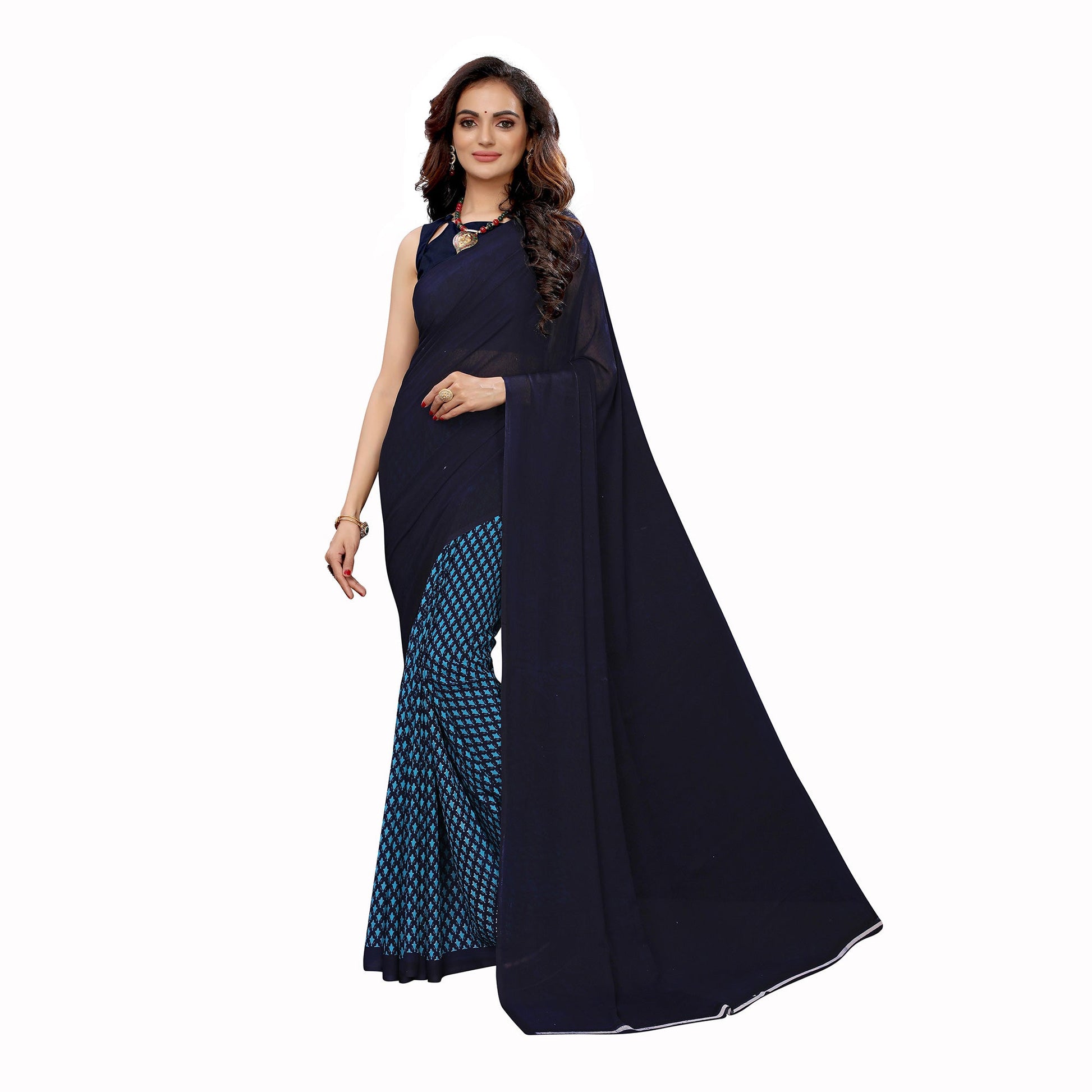 Ethnic Navy Blue Colored Casual Wear Printed Georgette Half-Half Saree