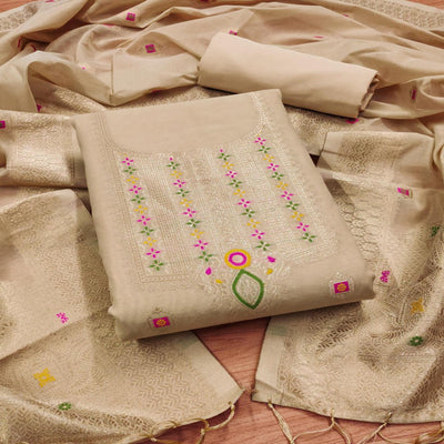 Chikoo Floral Woven Chanderi Dress Material
