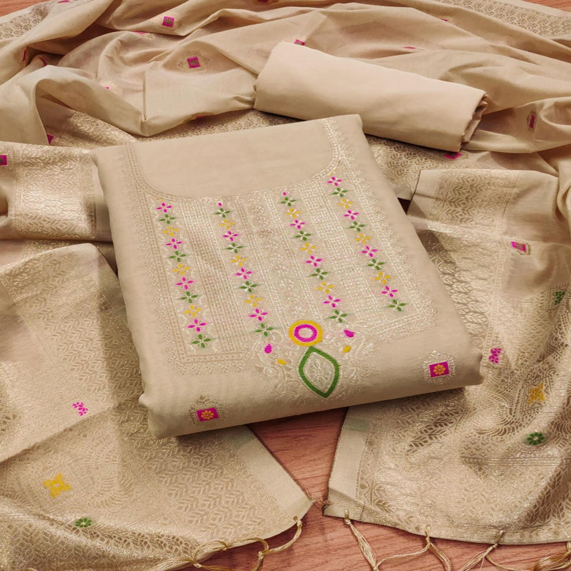 Chikoo Floral Woven Chanderi Dress Material