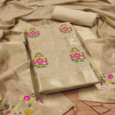 Chikoo Floral Woven Chanderi Dress Material