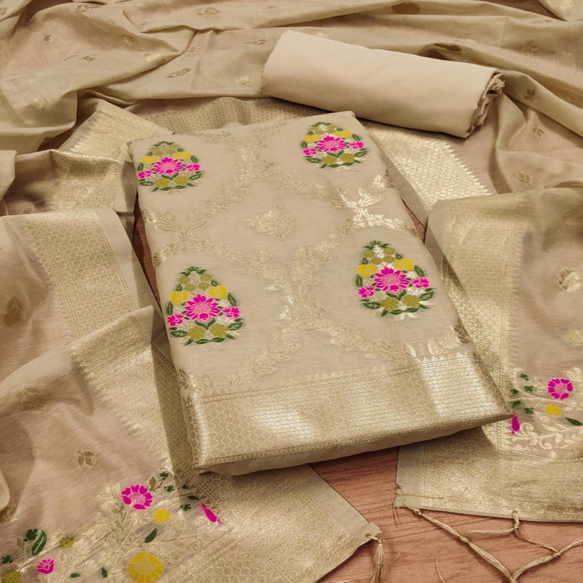Chikoo Floral Woven Chanderi Dress Material