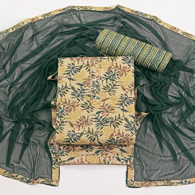 Chikoo & Green Foil Printed With Handwork Pure Pure Cotton Dress Material