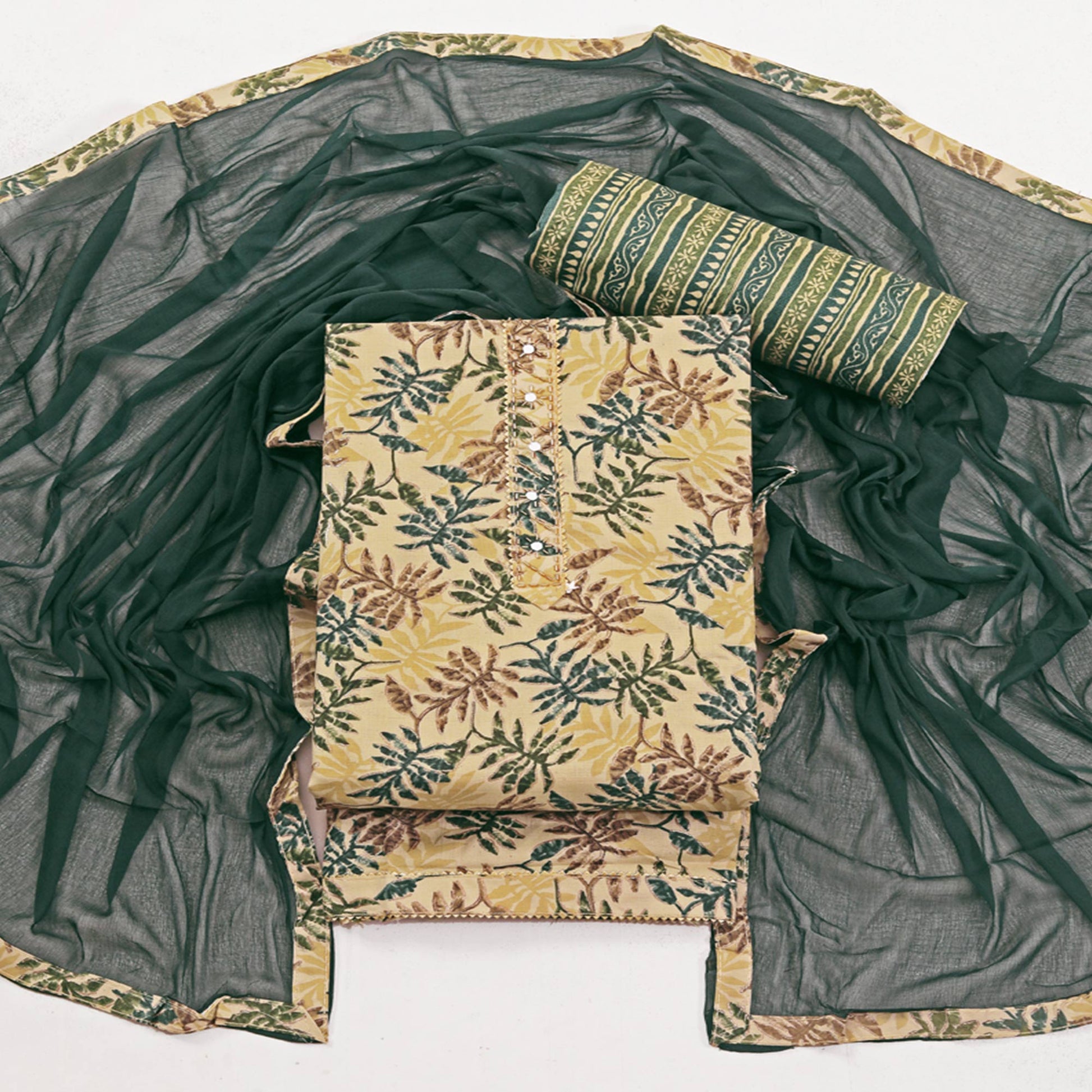 Chikoo & Green Foil Printed With Handwork Pure Pure Cotton Dress Material