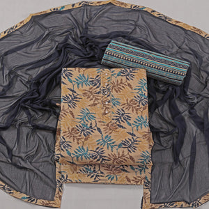 Chikoo & Navy Blue Foil Printed With Handwork Pure Pure Cotton Dress Material
