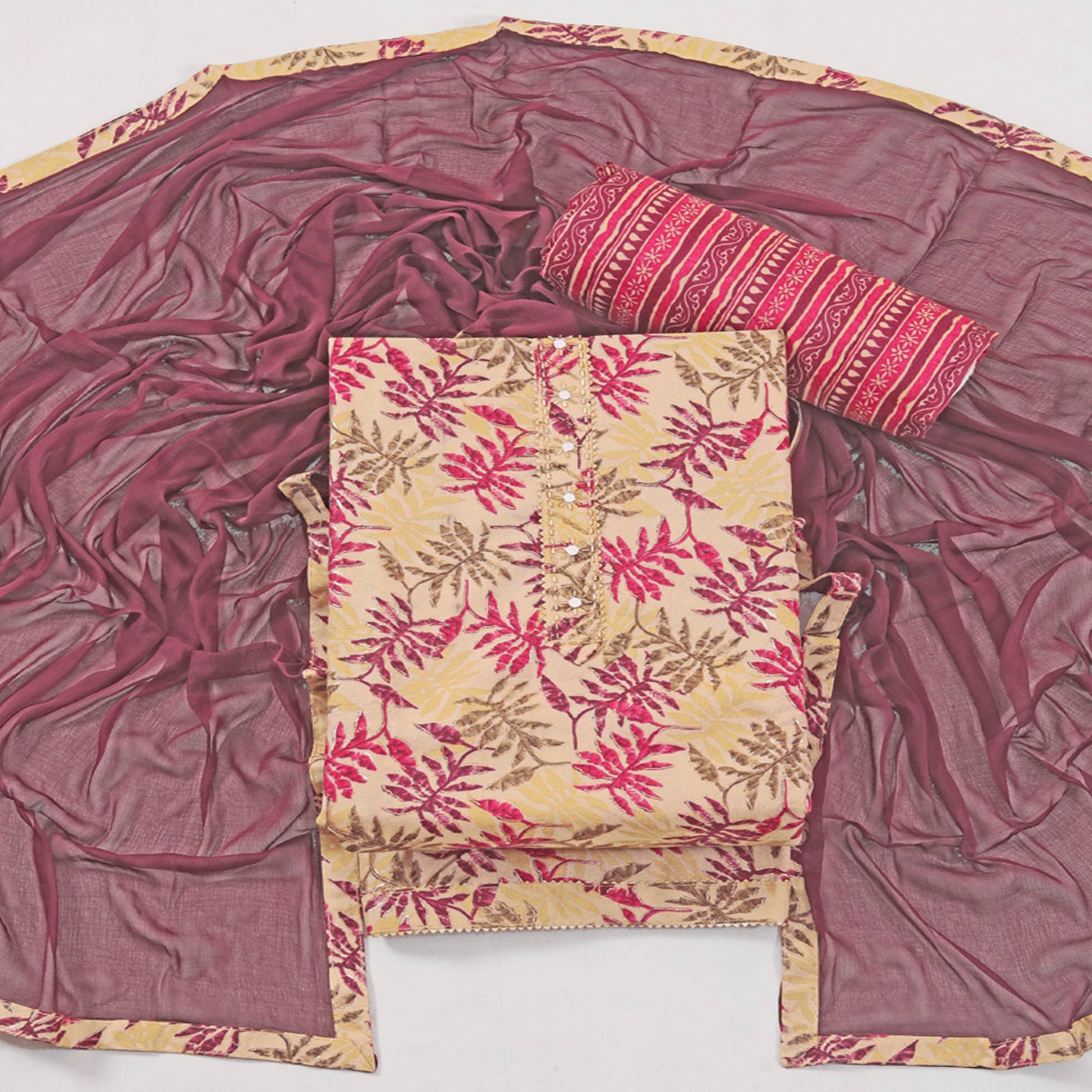 Chikoo & Wine Foil Printed With Handwork Pure Pure Cotton Dress Material