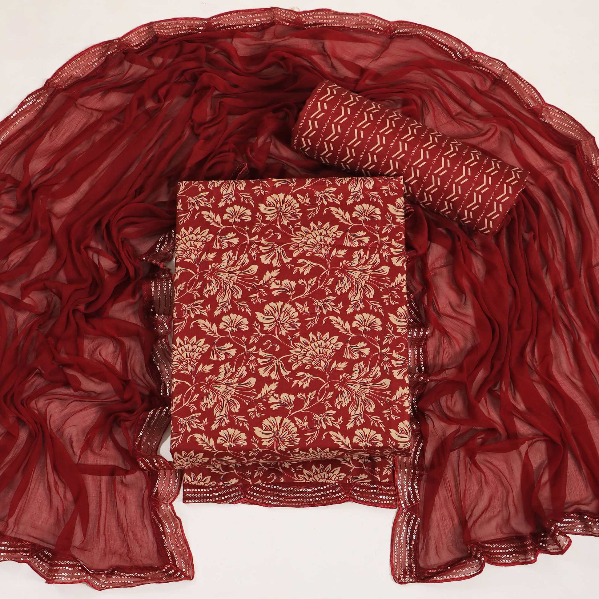 Maroon Floral Foil Printed Cotton Blend Dress Material