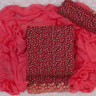 Cherry Red Floral Printed With Embroidery Cotton Silk Dress Material