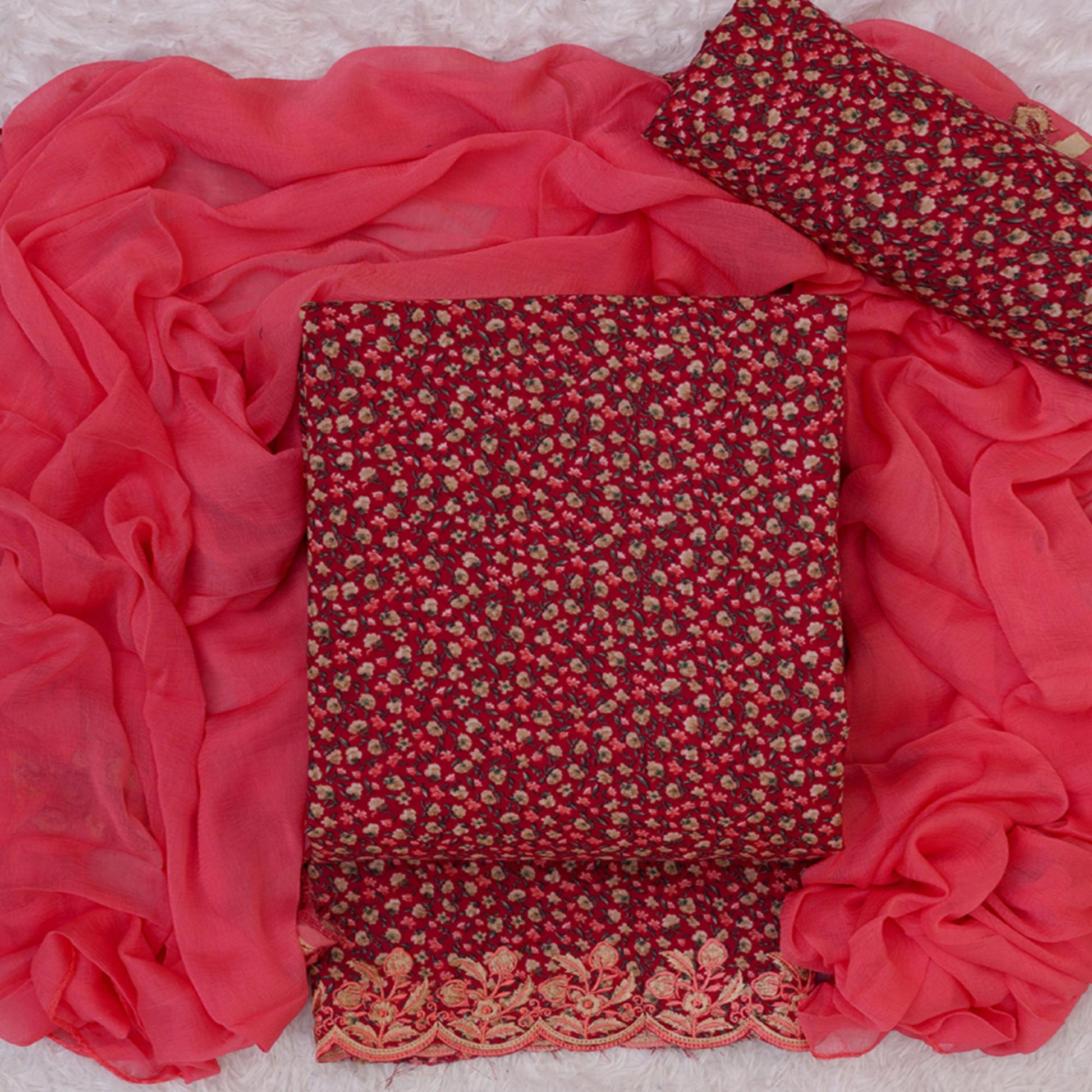 Cherry Red Floral Printed With Embroidery Cotton Silk Dress Material
