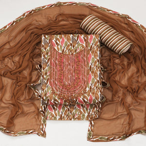 Brown Foil Printed With Embroidery Pure Cotton Dress Material