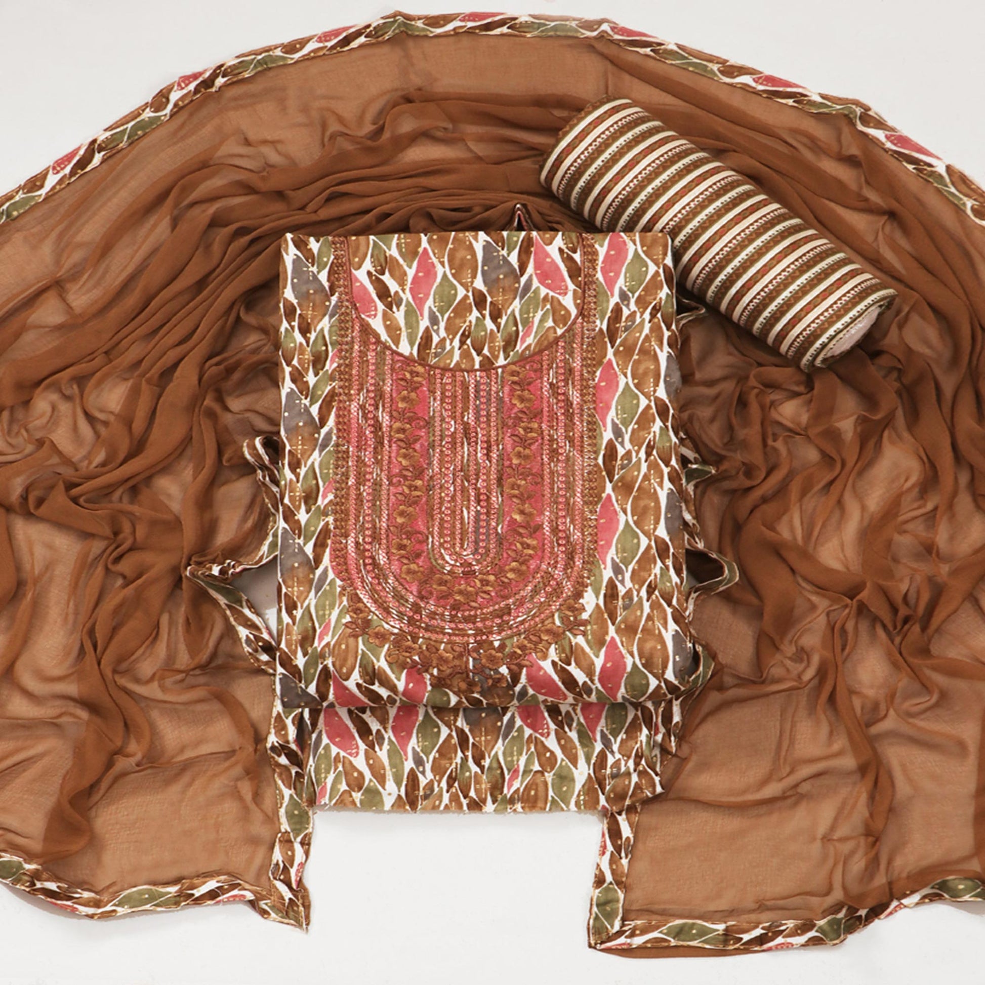 Brown Foil Printed With Embroidery Pure Cotton Dress Material