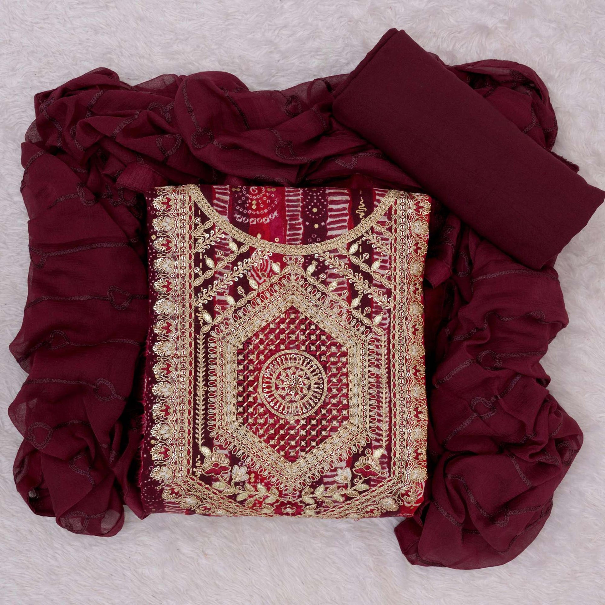 Maroon Bandhani Printed Rayon Dress Material