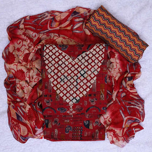 Maroon Floral Printed With Stone Work Yoke Pure Cotton Dress Material