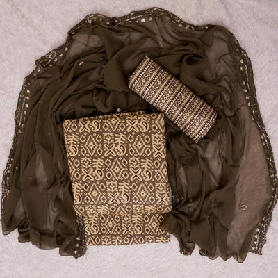 Brown Foil Printed Cotton Blend Dress Material