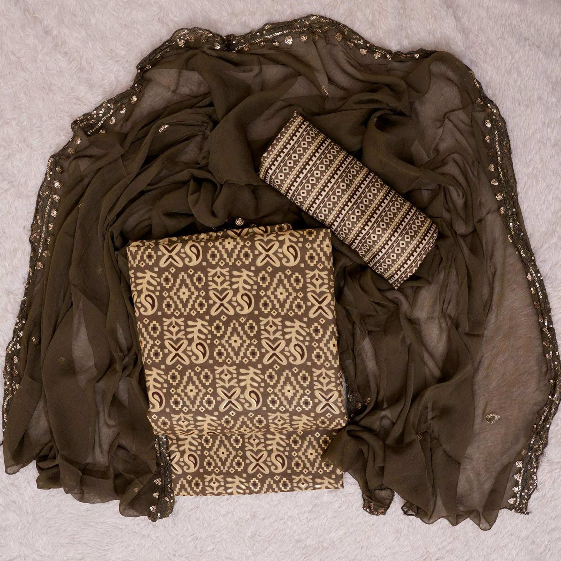Brown Foil Printed Cotton Blend Dress Material
