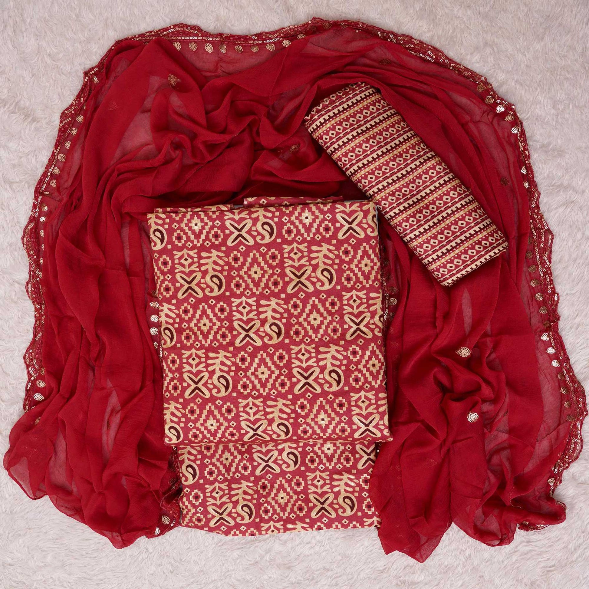 Maroon Foil Printed Cotton Blend Dress Material