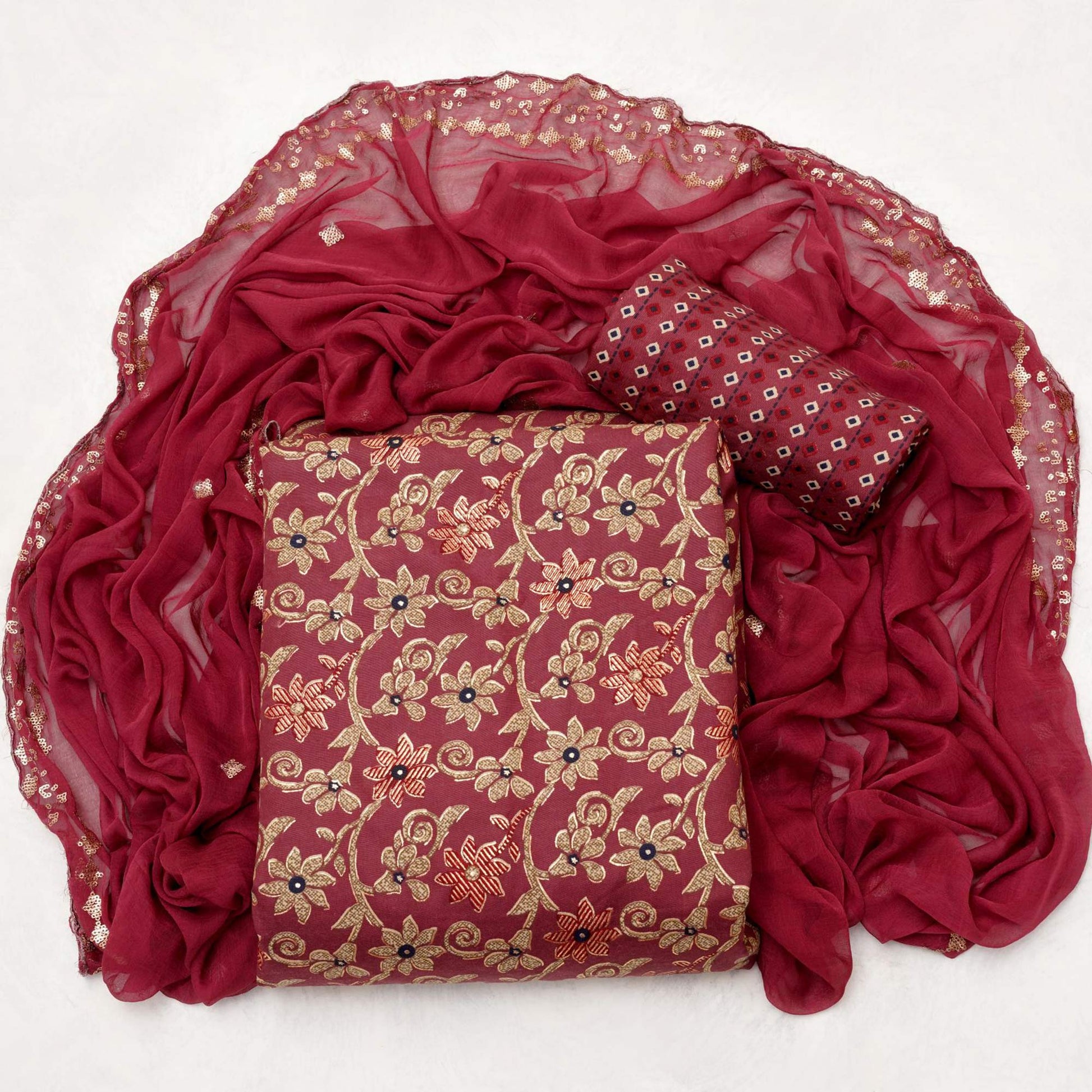 Maroon Floral Printed Pure Cotton Dress Material