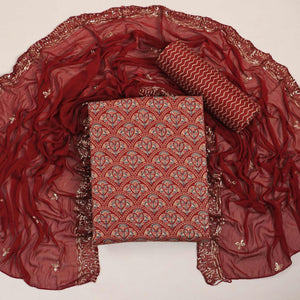 Maroon Floral Foil Printed Cotton Blend Dress Material