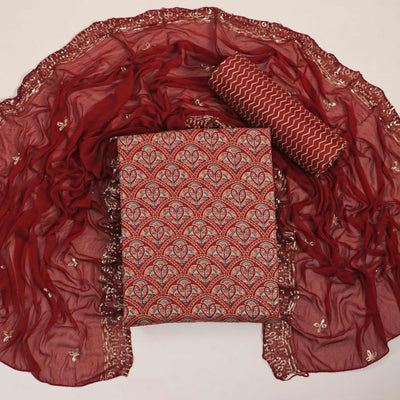 Maroon Floral Foil Printed Cotton Blend Dress Material