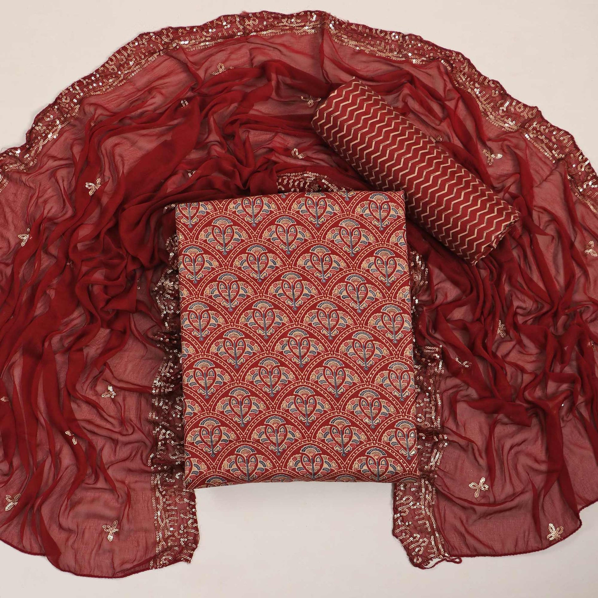 Maroon Floral Foil Printed Cotton Blend Dress Material