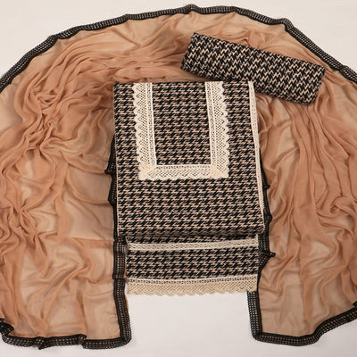 Cream & Black Printed Pure Cotton Dress Material