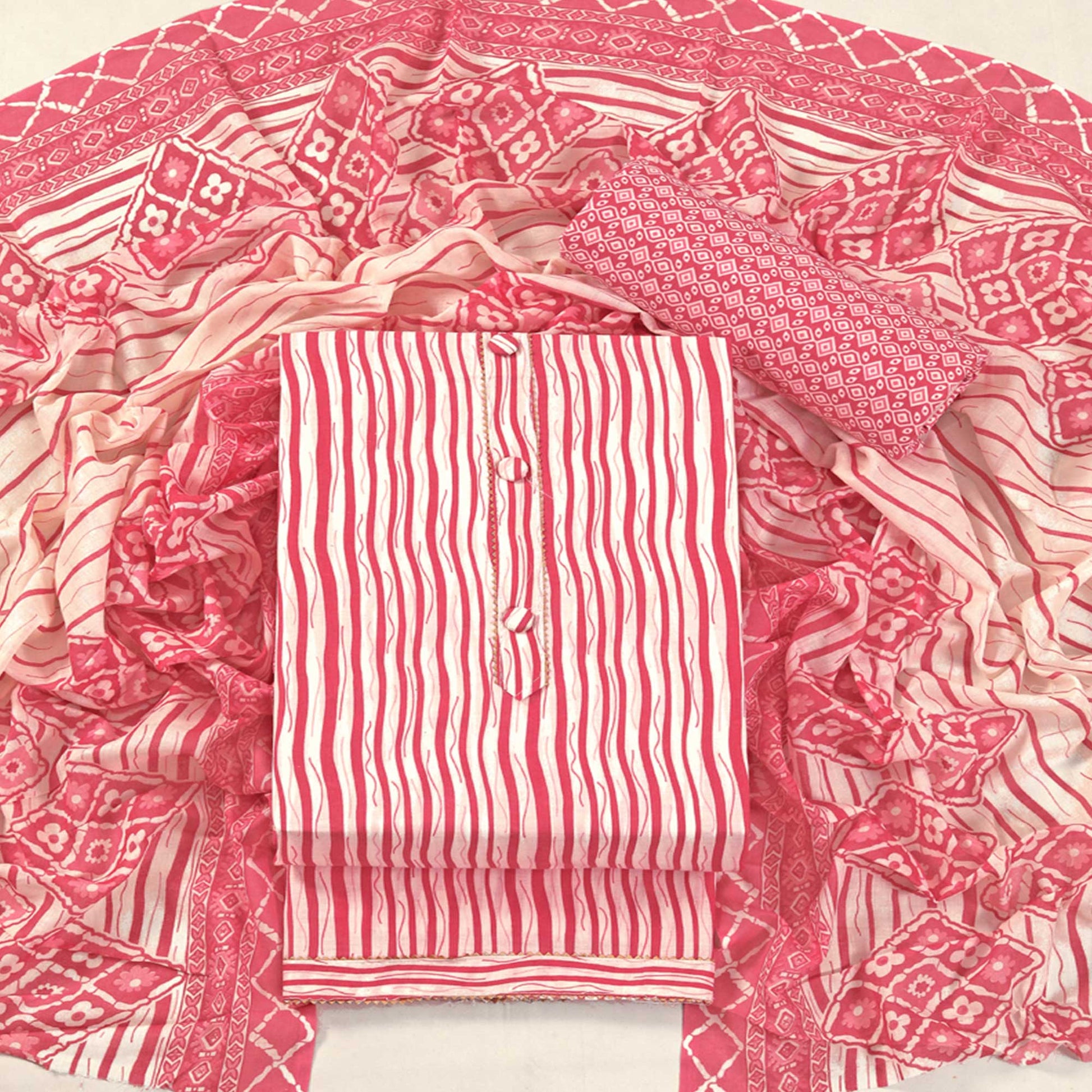 Gajari Pink Leheriya Printed With Gota Patti  Work Pure Cotton Dress Material