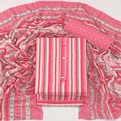 Gajari Pink Striped Printed With Gota Patti Work Pure Cotton Dress Material