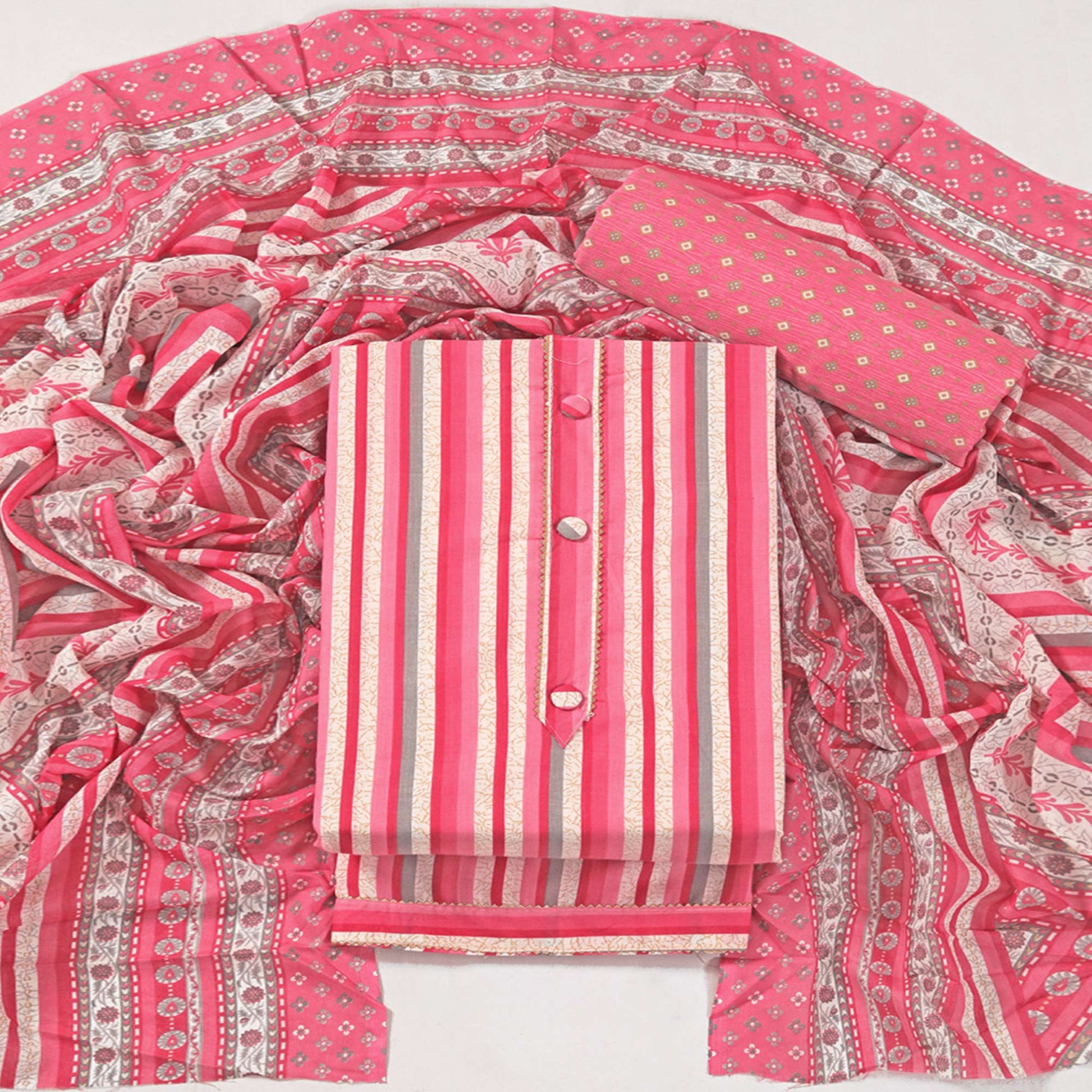 Gajari Pink Striped Printed With Gota Patti Work Pure Cotton Dress Material