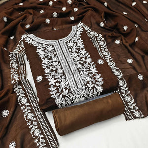 Brown Floral Embroidered Vichitra Silk Dress Material