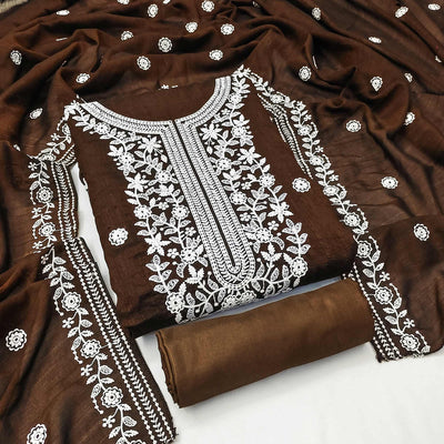 Brown Floral Embroidered Vichitra Silk Dress Material