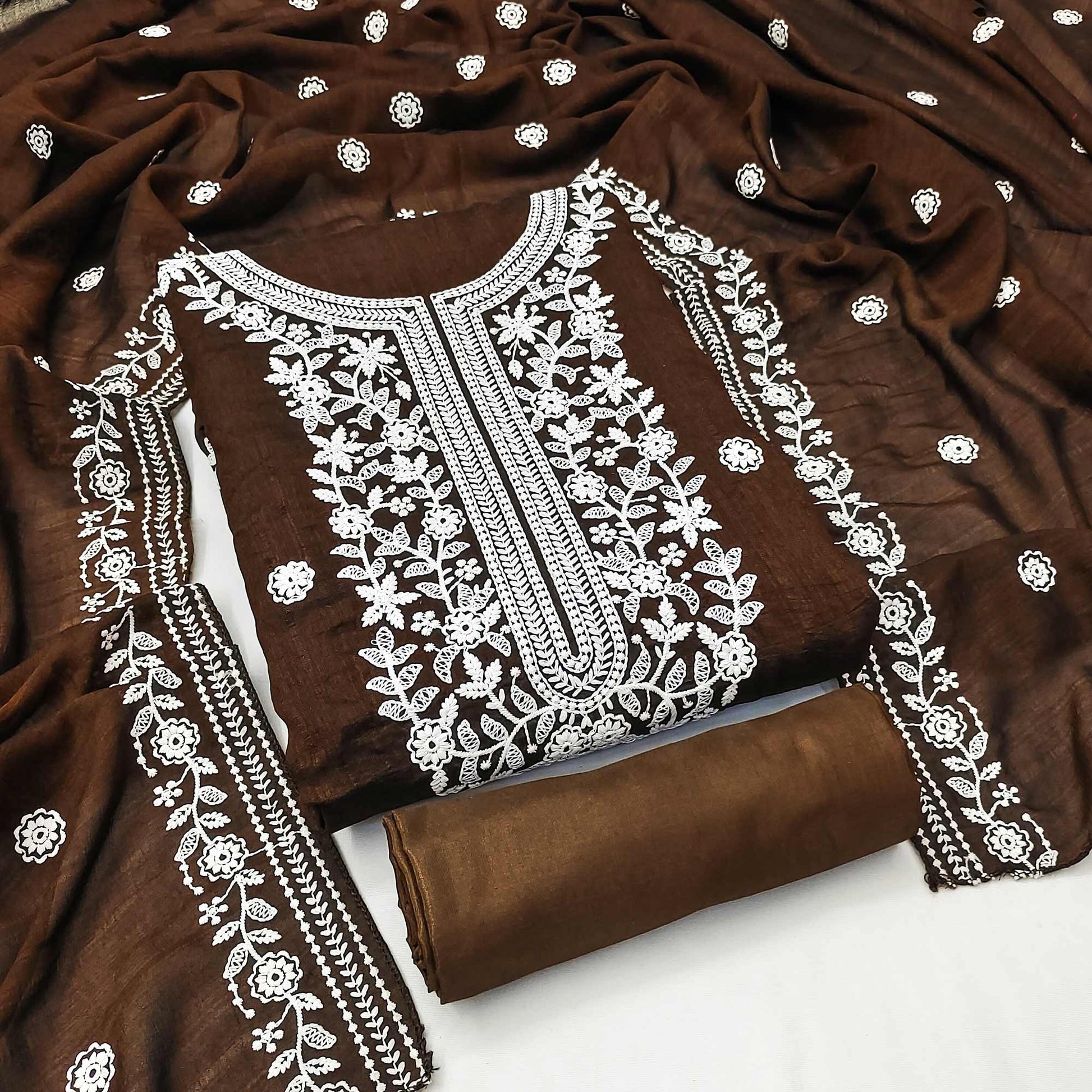 Brown Floral Embroidered Vichitra Silk Dress Material