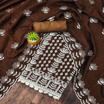 Brown Floral Embroidered Vichitra Silk Dress Material