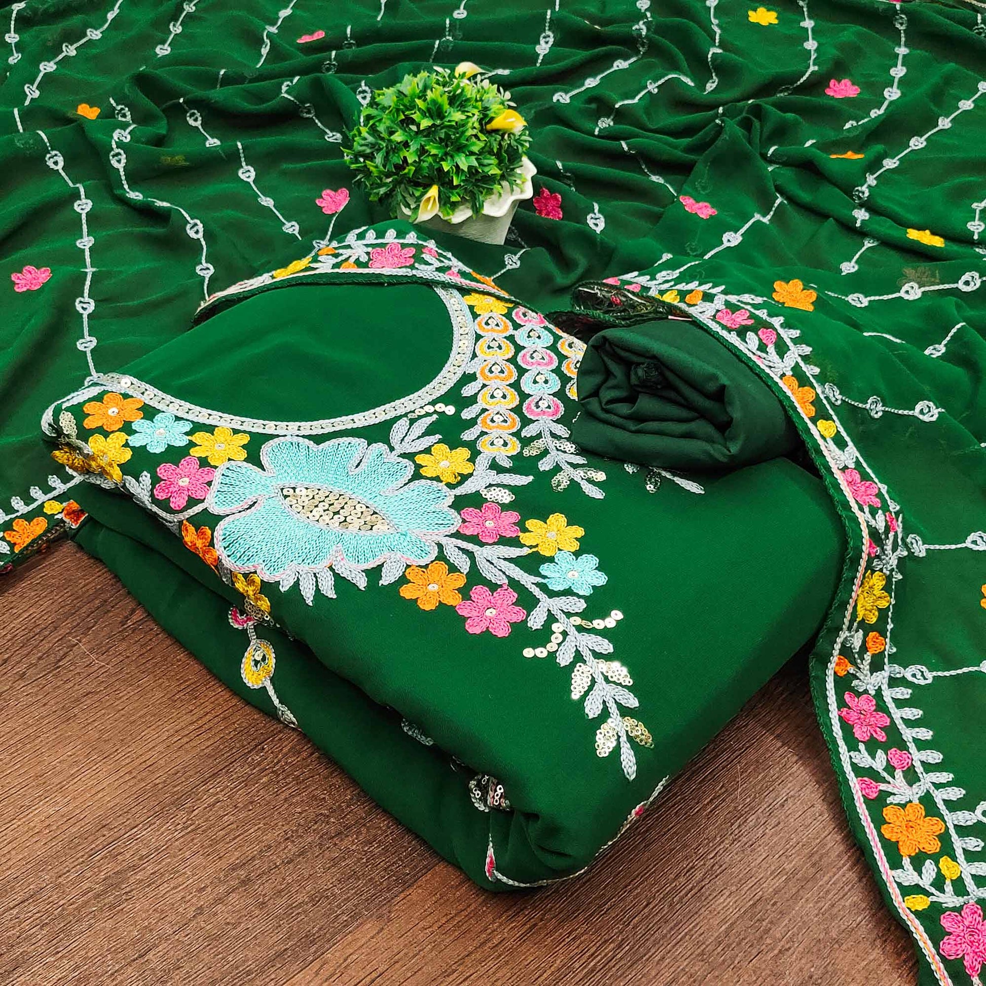 Dark Green Floral Sequins Embroidered Georgette Dress Material