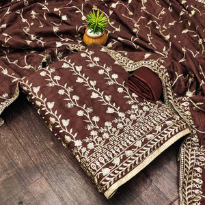Brown Floral Embroidered Vichitra Silk Dress Material
