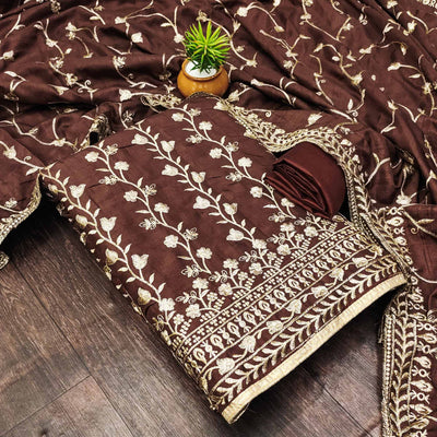 Brown Floral Embroidered Vichitra Silk Dress Material