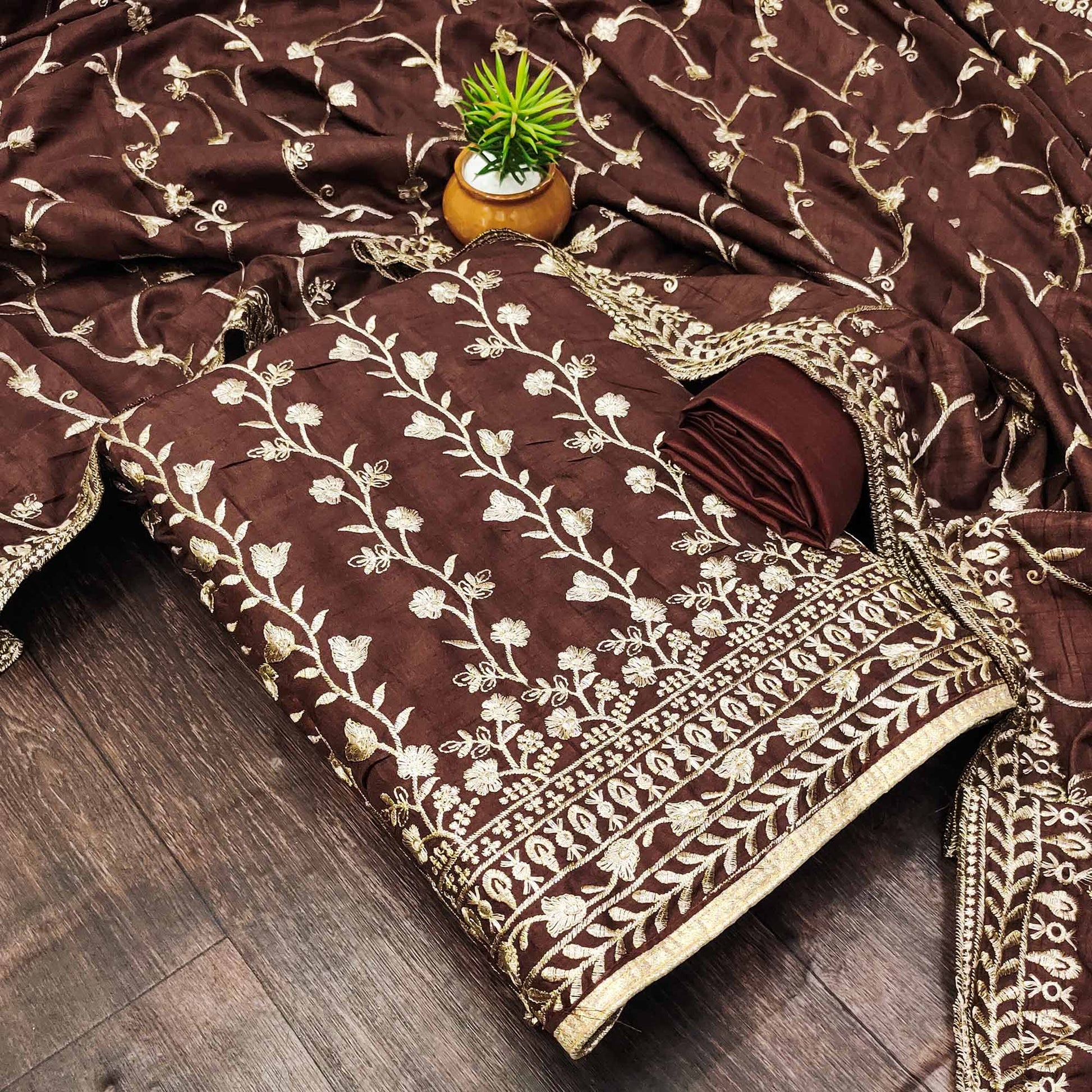 Brown Floral Embroidered Vichitra Silk Dress Material