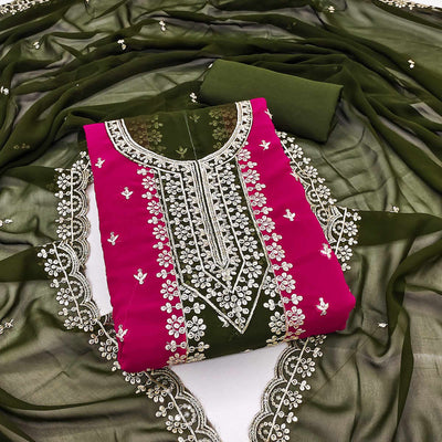 Mehendi Green Floral Embroidered Georgette Dress Material