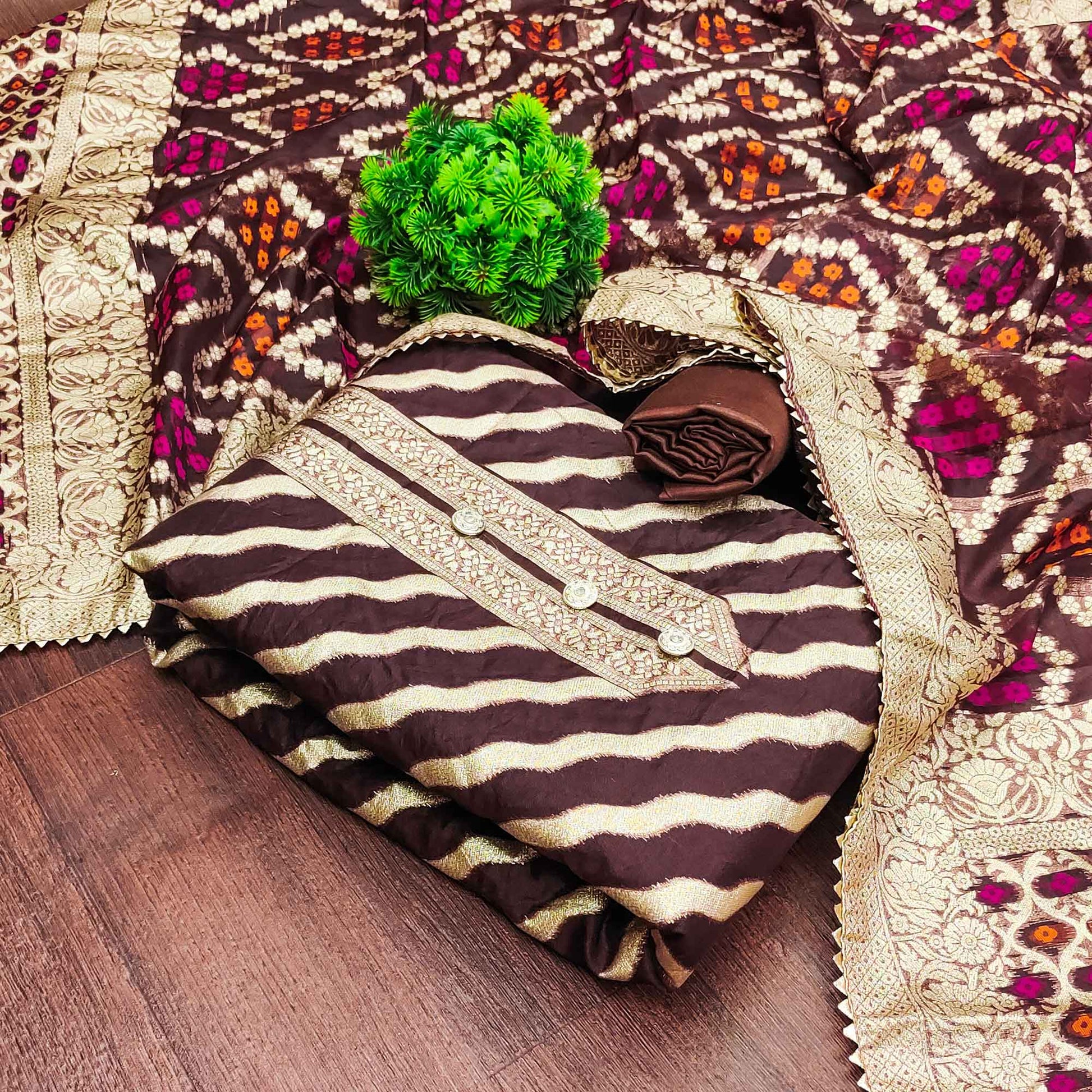 Brown Woven Jacquard Dress Material
