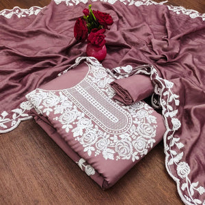 Mauve Floral Embroidered Chanderi Dress Material