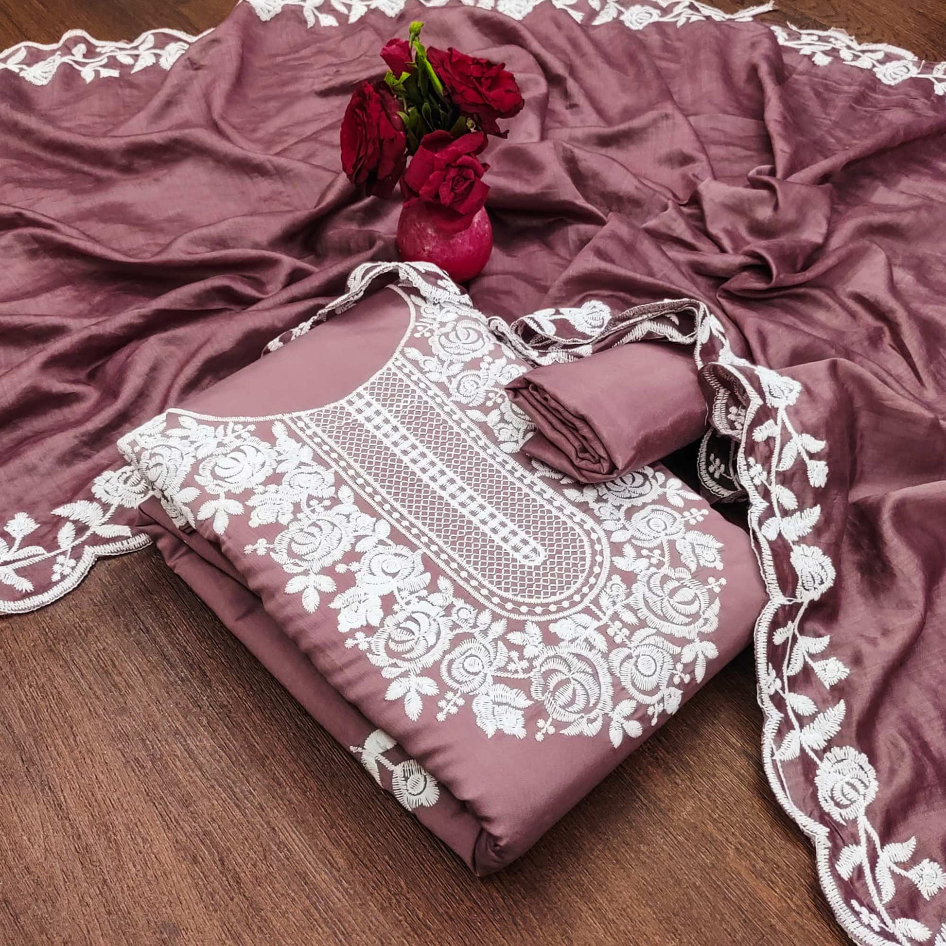 Mauve Floral Embroidered Chanderi Dress Material