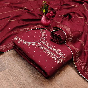 Maroon Butti With Hand Embroidered Jacquard Dress Material