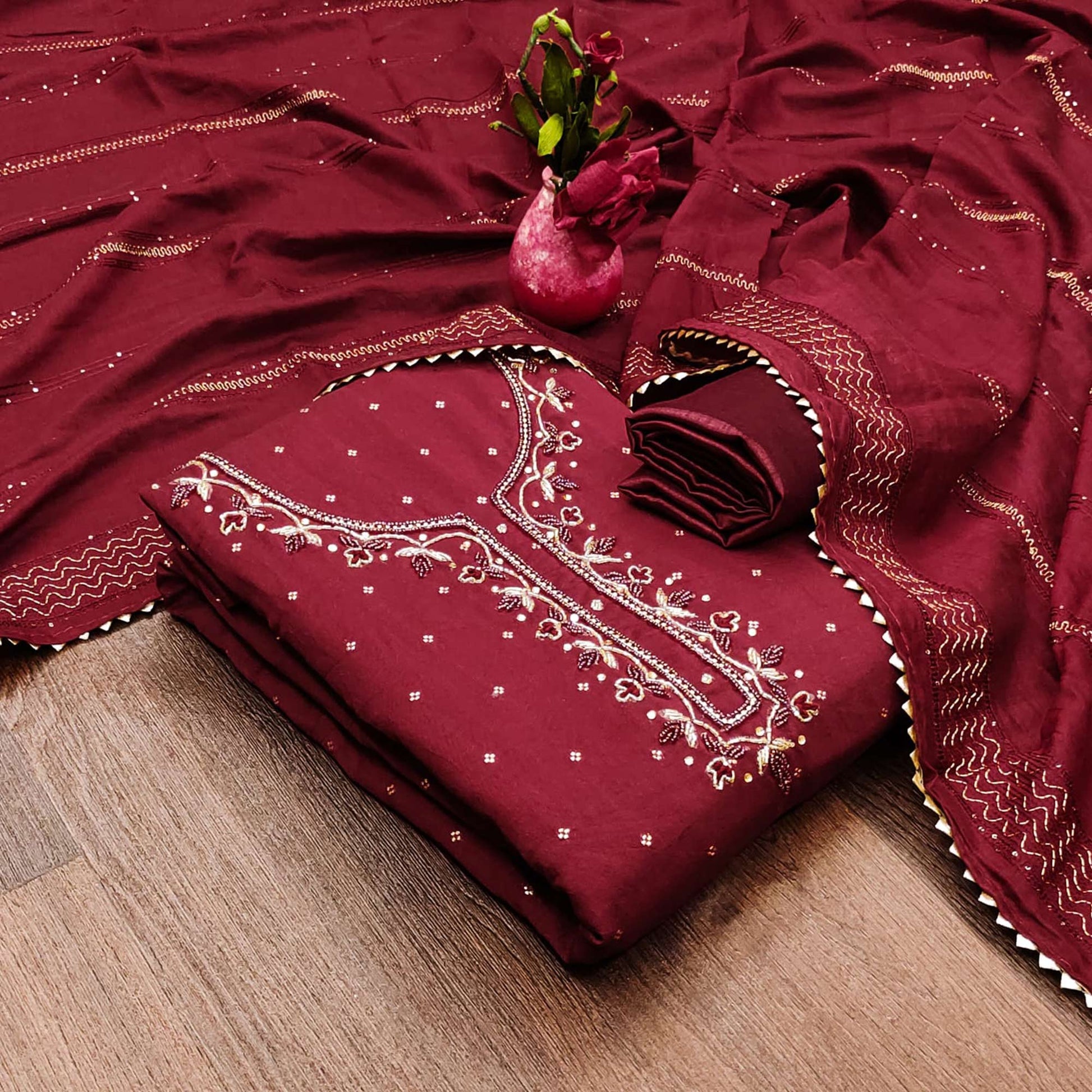 Maroon Butti With Hand Embroidered Jacquard Dress Material