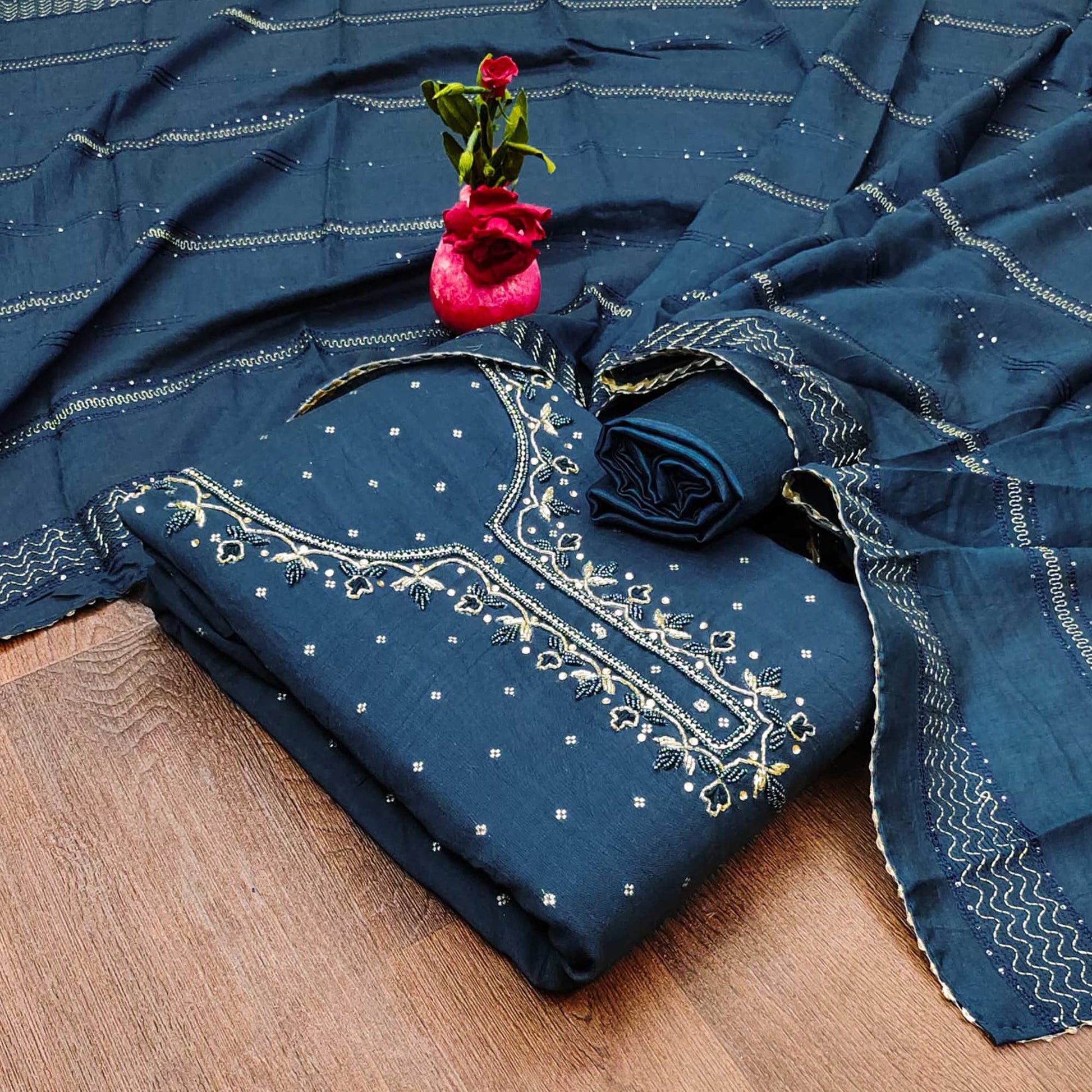 Morpich Butti With Hand Embroidered Jacquard Dress Material