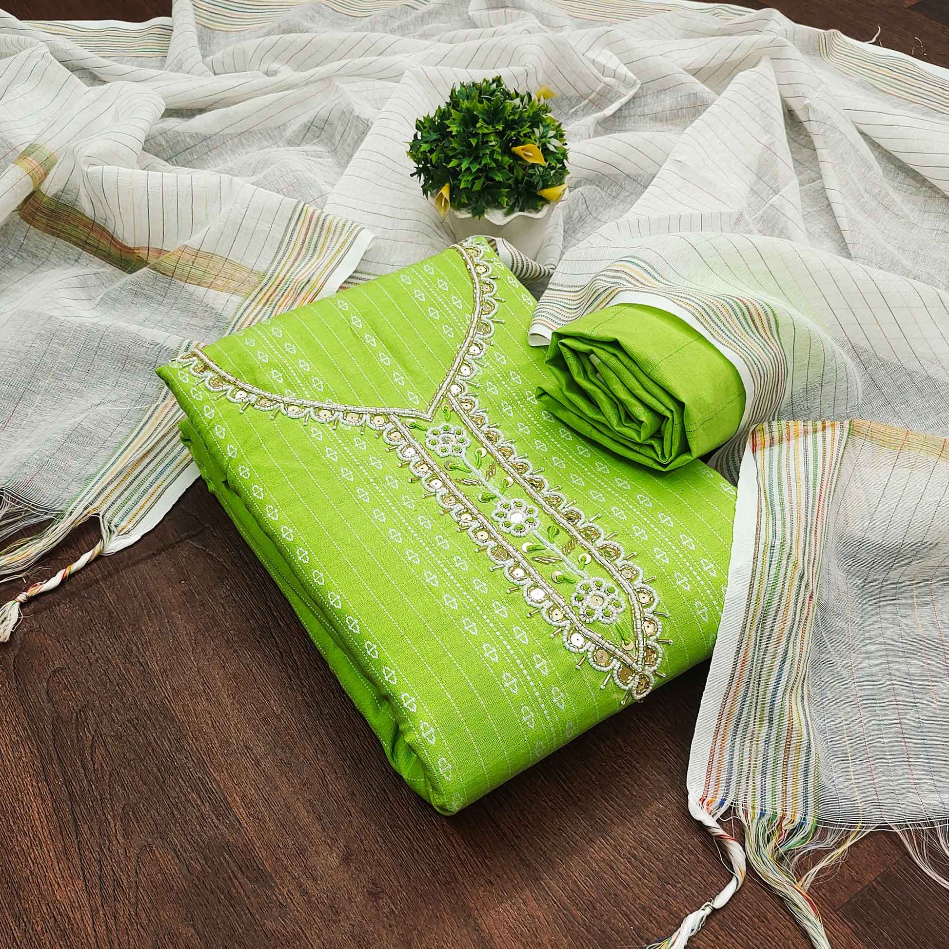 green-woven-with-handwork-cotton-blend-dress-material