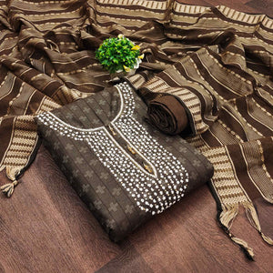Brown Woven With Handwork Cotton Blend Dress Material