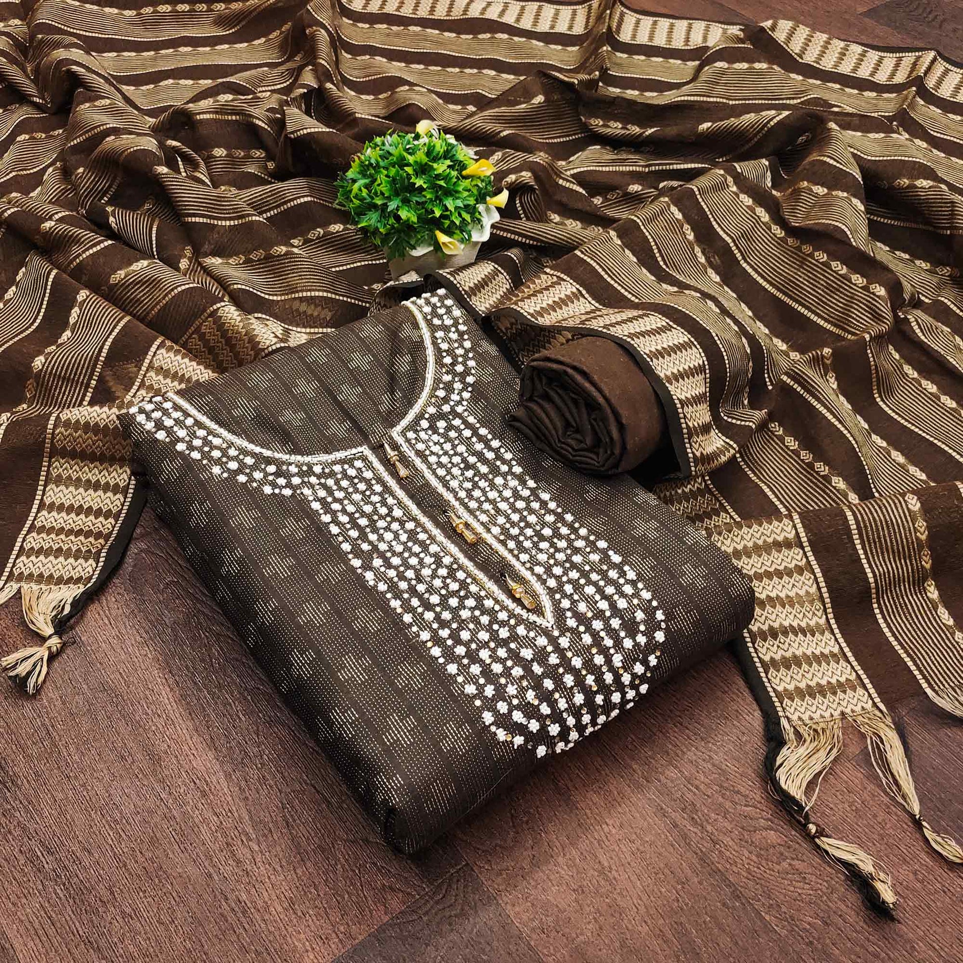 Brown Woven With Handwork Cotton Blend Dress Material