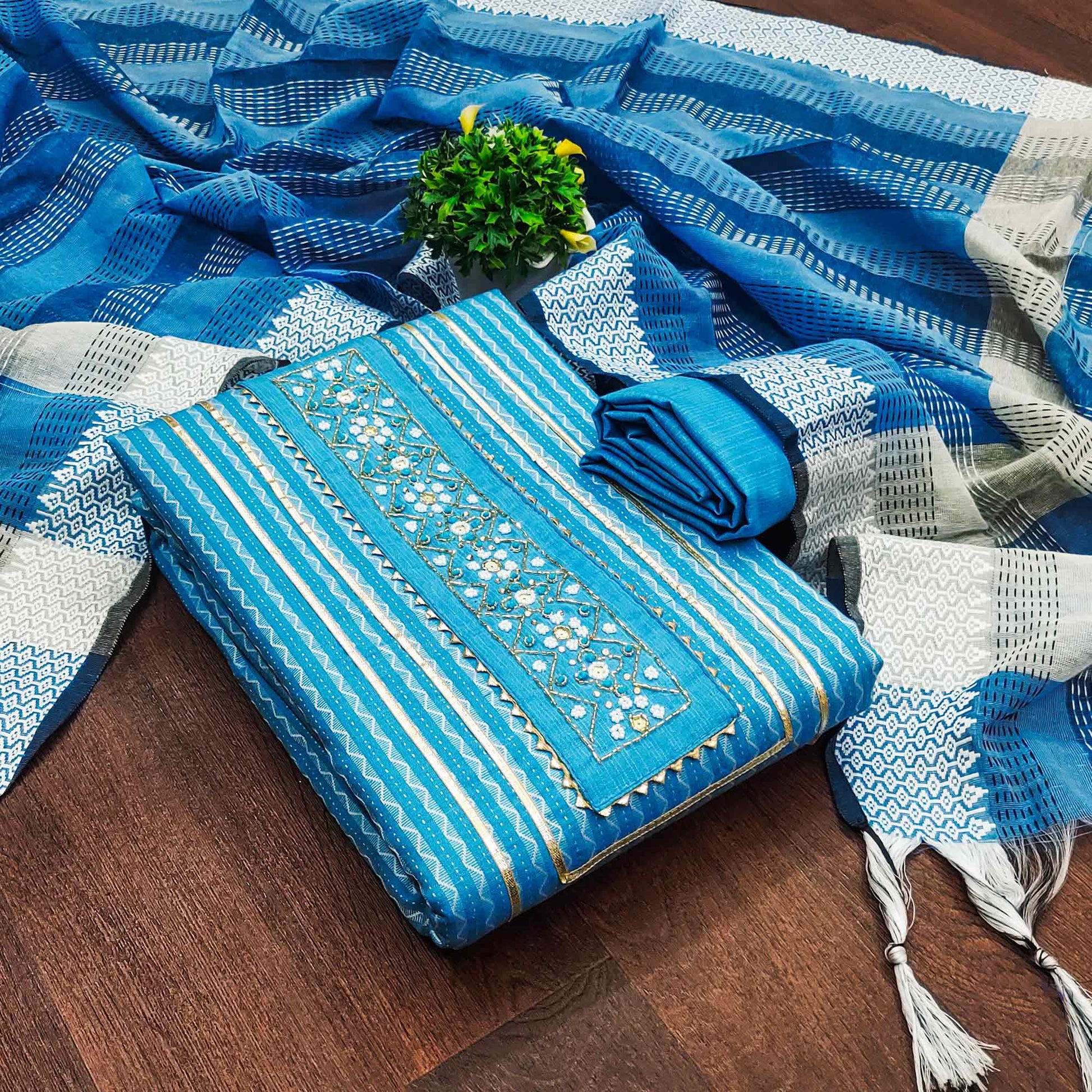 Blue Woven With Handwork Cotton Blend Dress Material