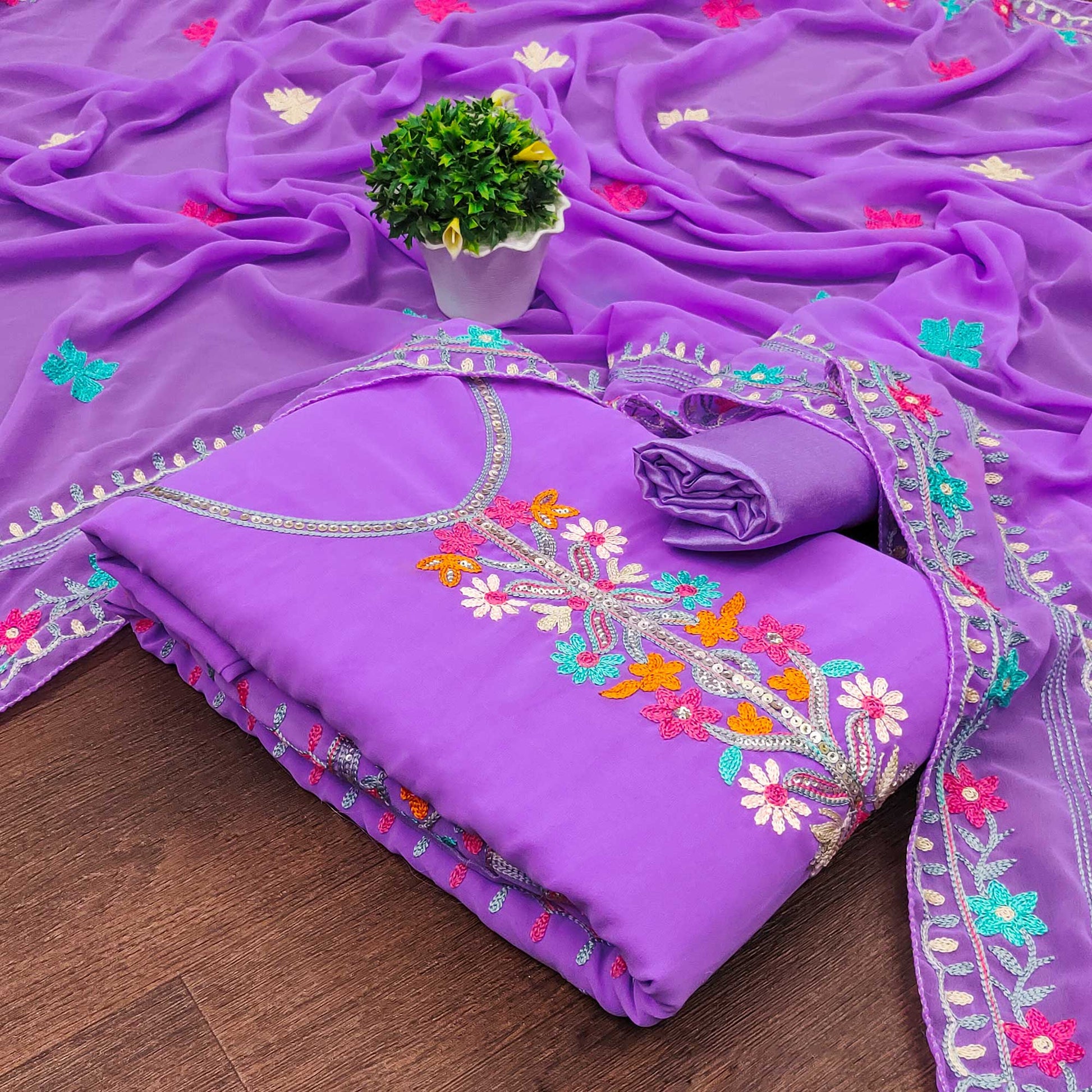 Lavender Floral Sequins Embroidered Georgette Dress Material