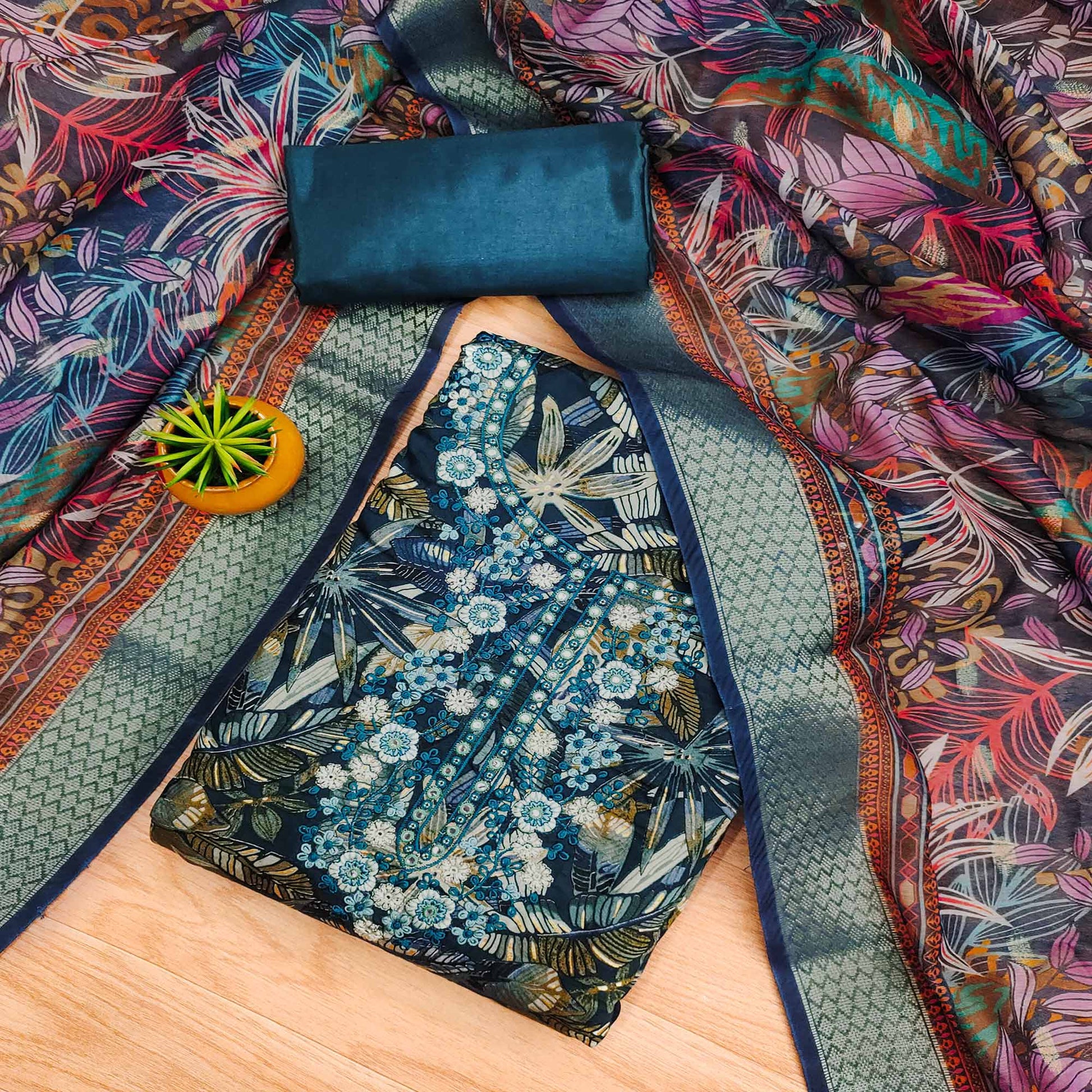 Morpich Blue Floral Printed Pure Cotton Dress Material
